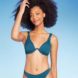Shade & Shore Teal Blue Knot Detail Continuous Underwire Bikini Top - NWT